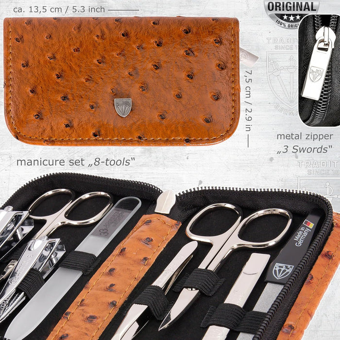 3 Swords Germany - brand quality 8 piece manicure pedicure grooming kit set synthetic leather case ostrich cognac - Made