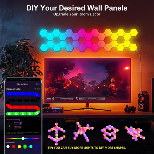 Hexagon LED Light Panels 8 Pack – RGB Wall Decor Lights with Music Sync, App & Remote – Modular Home & Christmas Decor f