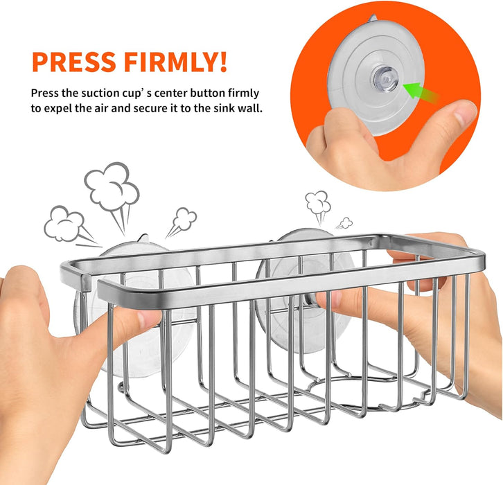 NeverRust Deluxe Kitchen & Bathroom Sink Sponge Holder Organizer with Adhesive Mount - Additional Suction Cup Included – Sponge & Brush NOT Included – 7.4 x 3.3 x 2.75 Inch