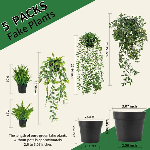 5 Pack Fake Plants - Artificial Hanging Plants & Small Potted Faux Eucalyptus Fern Ivy, UV Resistant Maintenance-Free, f