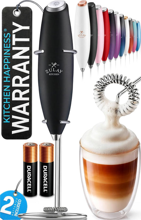 Powerful Milk Frother Wand With Duracell Batteries - Ultra Fast Handheld Drink Mixer - Electric Whisk Foam Maker for Coffee, Lattes, Cappuccino & Matcha - Z1 Motor - Black