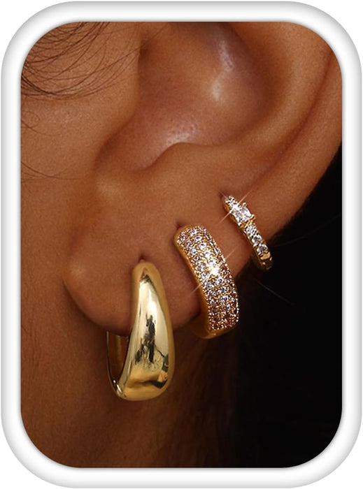 Small 14K Gold Plated Chunky Hoop Earrings for Women Hypoallergenic Silver Earrings Set for Sensitive Ears Non Tarnish Huggie Hoops Earring Stacks for Multiple Piercing Jewelry Lightweight 3Pairs