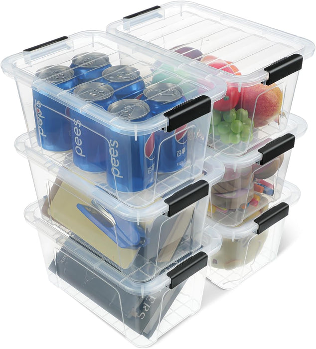 Plastic Storage Bins with Lids 6 Pack, 6.7 Quart Storage Containers With Black Buckle Latch, Stackable Storage Organizer