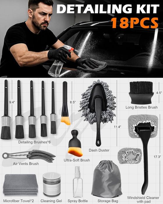 Windshield Cleaner Tool, 18Pcs Car Interior Cleaning Kit with Detail Brush