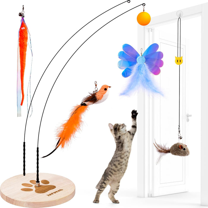 Interactive cat Toy, Automatic Cat Wand Toy with Stable Wooden Base, 2 PCS Detachable Cat Teaser, 5PCS Refills Replacement & Hanging Elastic String, Kitty Kitten Toys Feather Spring Bird Toy