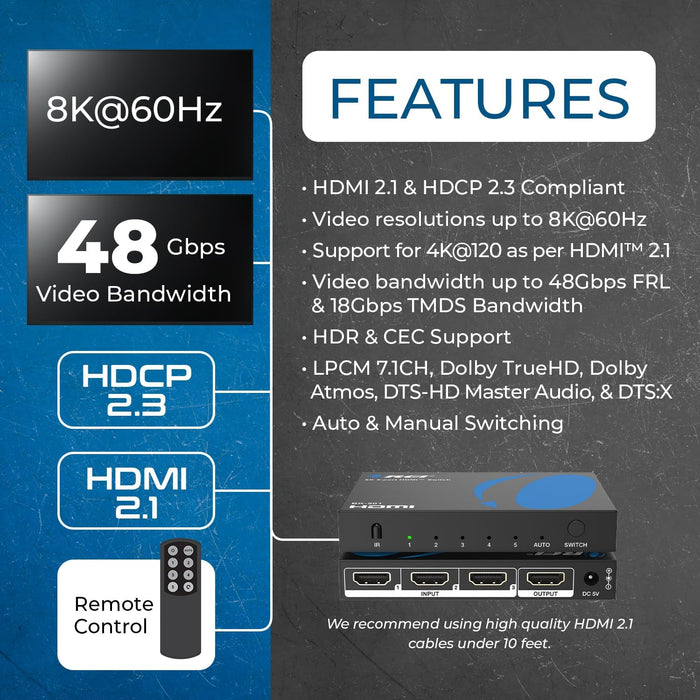 8K@60Hz 4K@120Hz HDMI 2.1 Switch 5 in 1 Out 48Gbps, HDR10+ W/Remote