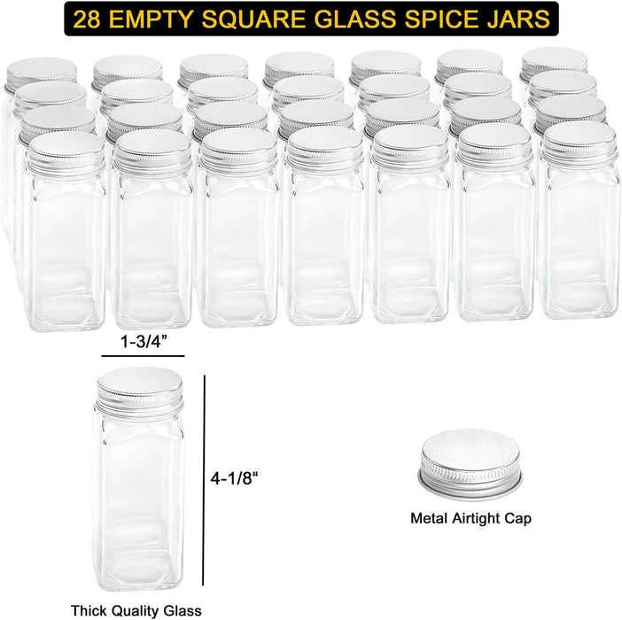 Spice Rack Organizer with 28 Spice Jars, 386 Spice Labels, Chalk Marker and Funnel Set for Cabinet, Countertop, Pantry, 