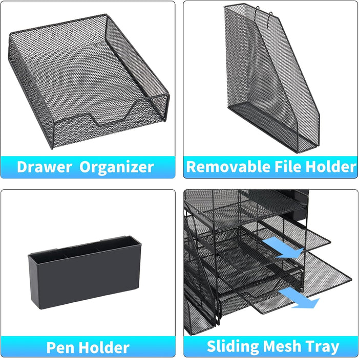 5-Tier Desk File Organizer with Drawer & Pen Holder (Black)