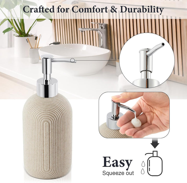 Bathroom Accessories Set - 7-Piece Resin Bathroom Set, Toothbrush Holders for Bathrooms, Soap Dispenser, Qtip Holder Dispenser, Tumbler, Soap Dish & Tray（Beige