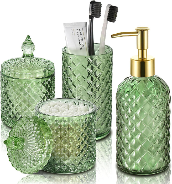 Green Bathroom Accessories Set, 4 Pack Olive Green Bathroom Decor Accessory Sets Complete, Diamond Glass Soap Dispenser 