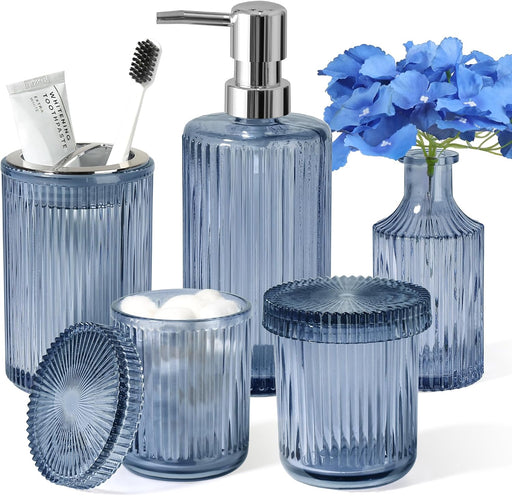 Blue Bathroom Accessories 5 Pcs, Glass Bathroom Accessory Set, Vintage Blue Bathroom Set, Royal Soap Dispenser and Toothbrush Holder Set, Qtip Holder, Small Flower Vase, Modern Bathroom Decor