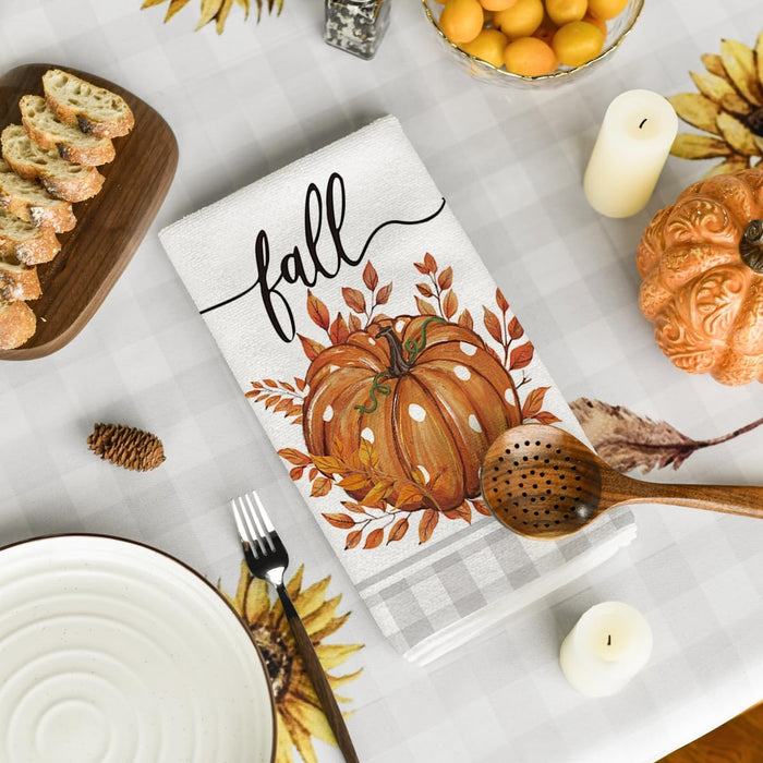 Orange Pumpkin Leaves Fall Kitchen Towels Set of 2 18x26 Inch