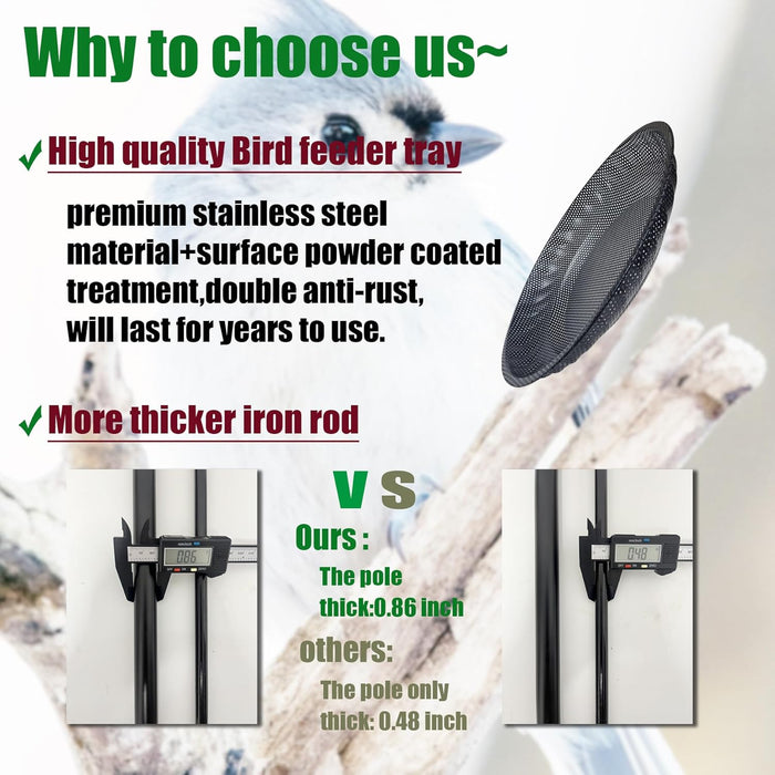 Standing Bird Feeder Tray,11.8" Stainless Steel Large Platform Bird Feeder Mesh Seed Tray with Adjustable Heavy Duty Sta