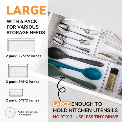 6 Pack Large Clear Plastic Drawer Organizer Trays, Acrylic Kitchen Drawer Organization and Storage Dividers, Non-Slip St