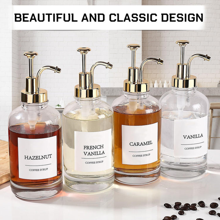 Coffee Bar Accessories,Coffee Syrup Dispenser with Labels for Coffee Bar,Pack of 4,Total 67.6 oz (Gold Pump)