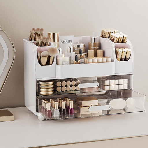 Large Makeup Organizer Countertop with 6 Brush Holders, White