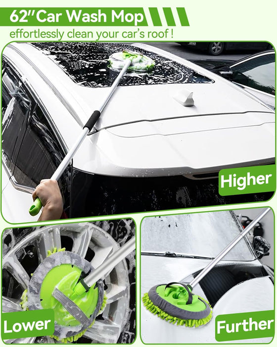 8Pcs Car Wash Kit, 62’’ Car Wash Brush with Long Handle, Microfiber Carwash Kit Set, Car Washing Supplies for Cars RV Truck Exterior