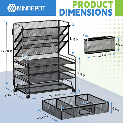 4-Tier Paper Organizer + 3-Pocket File Holder + Drawer + Pen Holders, Desktop File Organizers Paper Tray for Office Acce