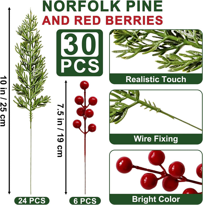 30Pcs Christmas Artificial Pine Branches with Red Berry Stems