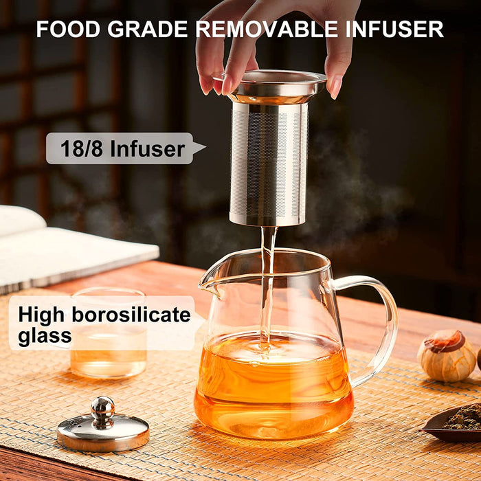 Glass Teapot Stovetop 18.6 OZ, Borosilicate Clear Tea Kettle with Removable 18/8 Stainless Steel Infuser, Teapot Bloomin