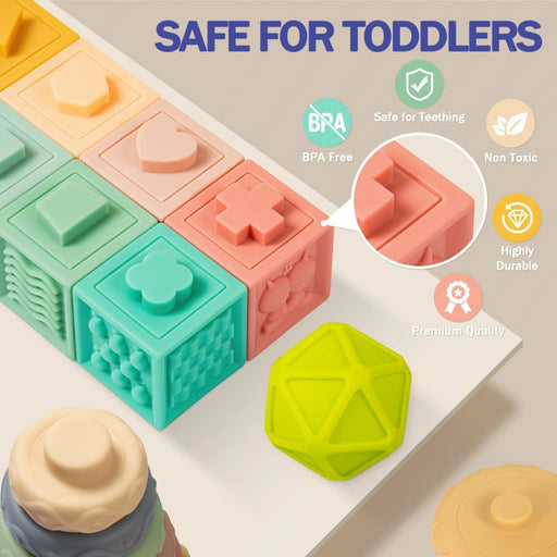Baby Toys 6-12 Months, Montessori Toy for Babies 6-12 Months, Incl Stacking Building Blocks & Soft Infant Teething Toys & Sensory Balls for Toddlers 0-3-6-9-12 Month