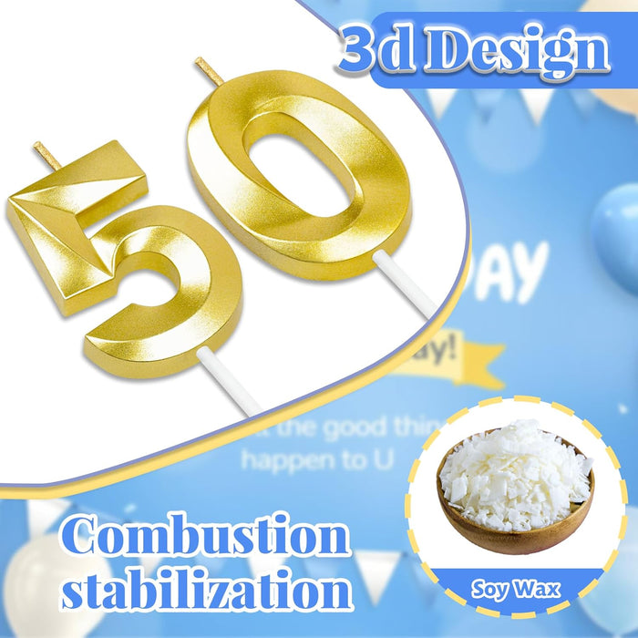 50th Birthday Decorations for Women and Men, Gold Number 50 Candle