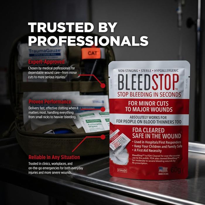 ™ First Aid Powder for Blood Clotting, Trauma Kit, Blood Thinner Patients, Camping Safety, and Survival Equipment for Moderate to Severe Bleeding Wounds or Nosebleeds - 4 (15g) Pouches