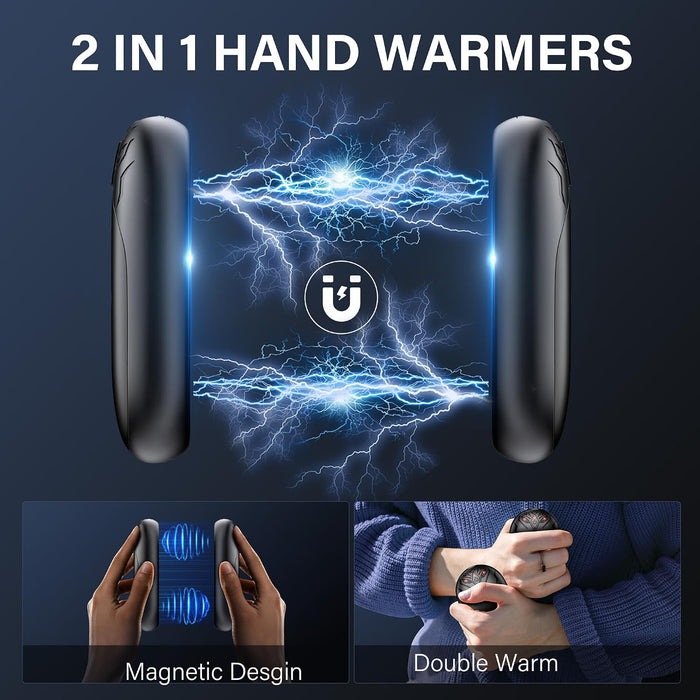 Rechargeable Hand Warmers 2 Pack, 2-in-1 Magnetic Electric Hand Warmers, 24H Long Lasting Heat, Portable Pocket Warmers 