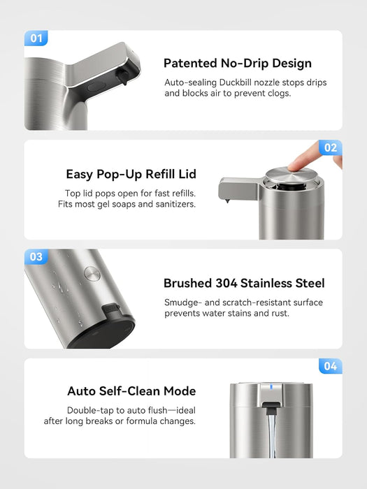 Touchless Automatic Soap Dispenser – Clog-Free Pump, 0.2s Fast Sensor, USB-C Rechargeable, Smudge-Resistant Stainless Steel, for Kitchen & Bathroom Soap Dispenser