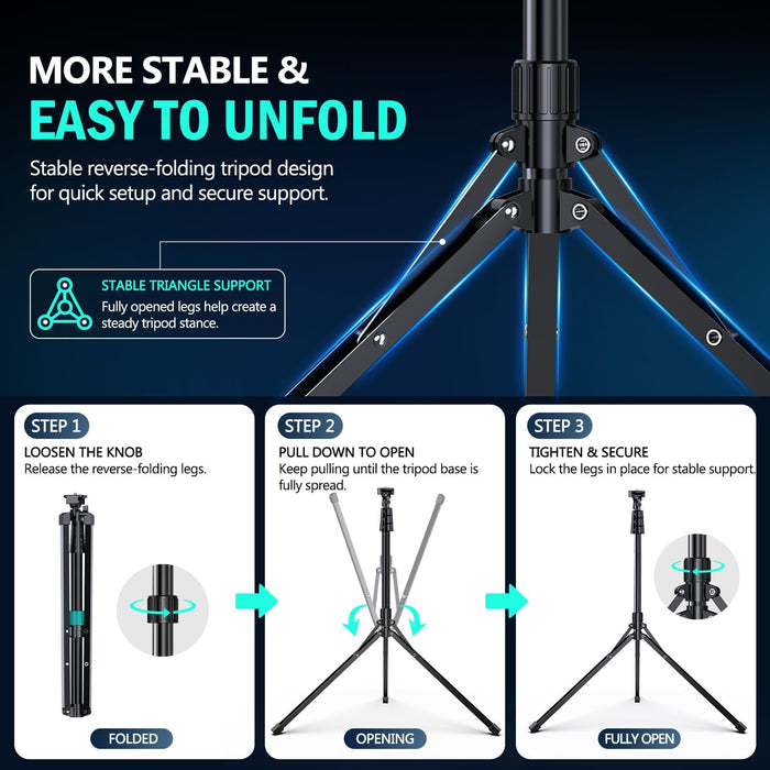 14'' LED Foldable Ring Light with 62'' Tripod Stand, Selfie Ring Light for Video Recording, Live Streaming, TikTok & YouTube, Compatible with iPhone & Android (Black)