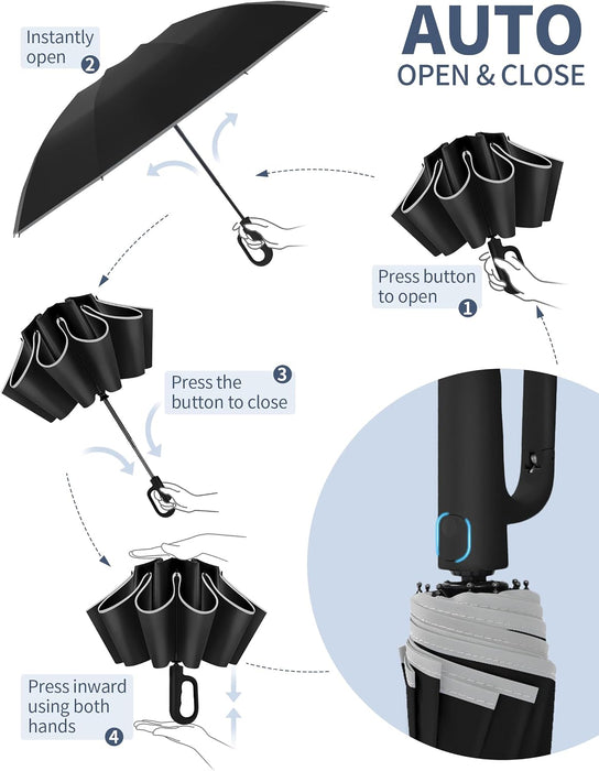 Inverted Umbrella with Carabiner Handle, Windproof UV Sun & Rain
