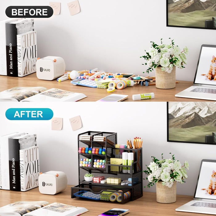 Mesh Pen Holder for Desk, Multi-Functional Pencil Organizer with Drawer, Desk Organizers and Accessories for Office Art 