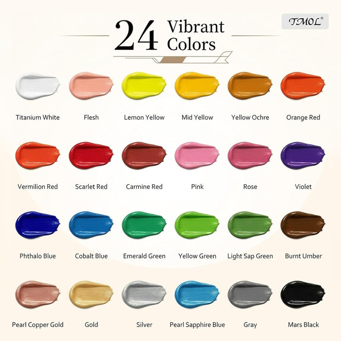 Acrylic Paint Set, 24 Colors (2 oz/Bottle) with 12 Art Brushes, Art Supplies for Painting Canvas, Wood, Ceramic & Fabric
