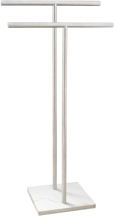 40 Inch Standing Towel Rack Double-T Shape Tall Bath Towel Sheet Holder with Marble Design Base for Bathroom Floor Next 