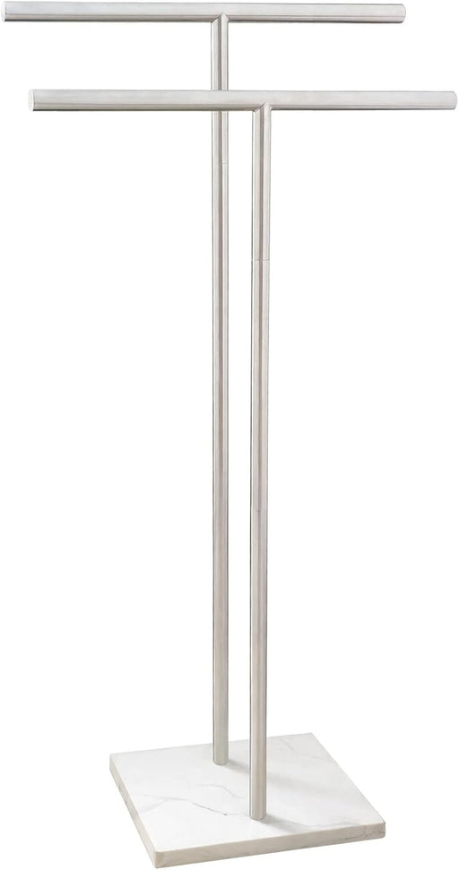 40 Inch Standing Towel Rack Double-T Shape Tall Bath Towel Sheet Holder with Marble Design Base for Bathroom Floor Next 