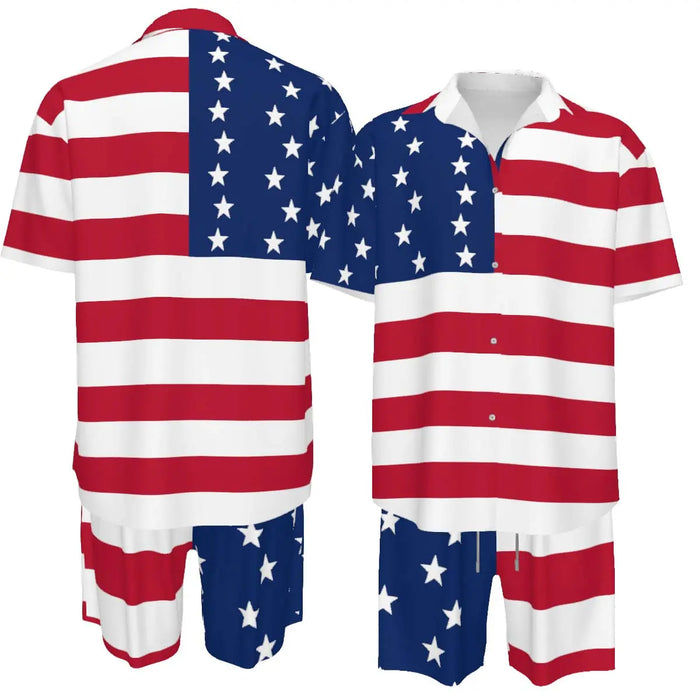 Men'S Fashion 2-Piece Matching Shortsleeve Collared Neck Tropical Set - Casual Stylish Flag Pattern Shirt & Bottoms, Loose Fit, plus Size Hawaiian Patriotic Streetwear for 4Th of July