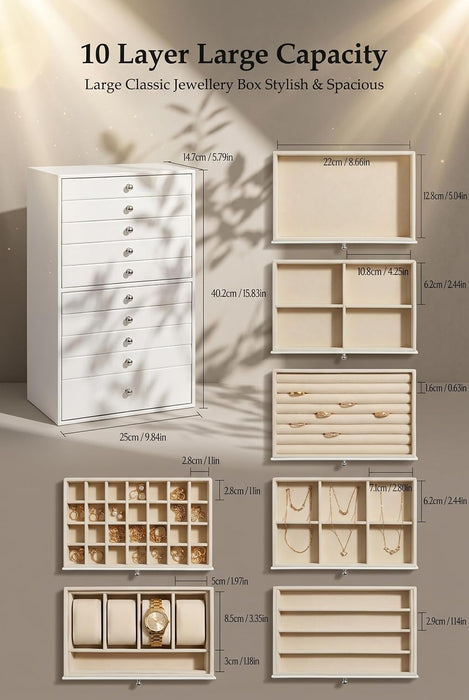 Large Jewelry Box, Jewelry Case with 10 Drawers for Big and Small Jewelry, Jewelry Storage Organizer for Watch Earrings Necklace Rings Bracelets, Birthday Wedding Gifts, White