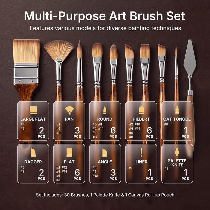 30pcs Paint Brush Set for Acrylic Painting, Oil, Watercolor, Gouache