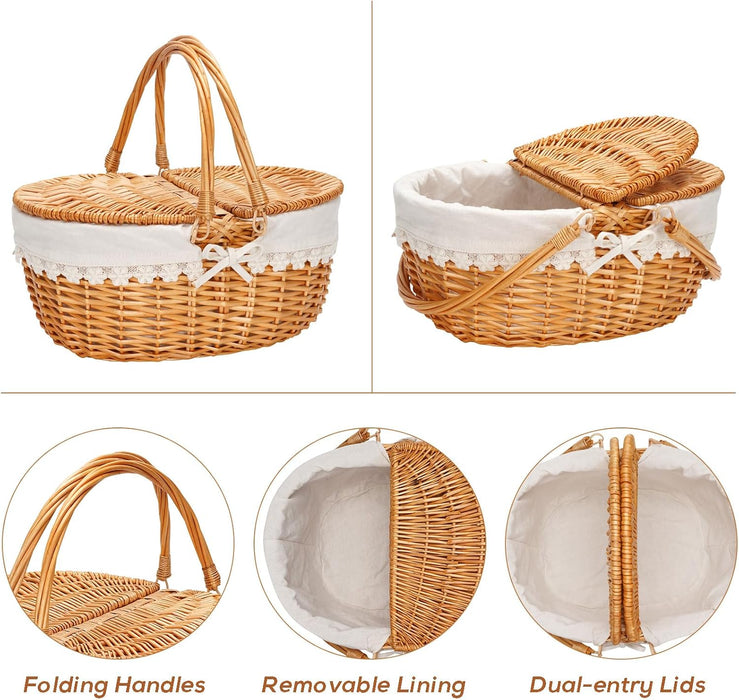 Wicker Picnic Basket with Liner, Empty Picnic Baskets with Lid, Cream