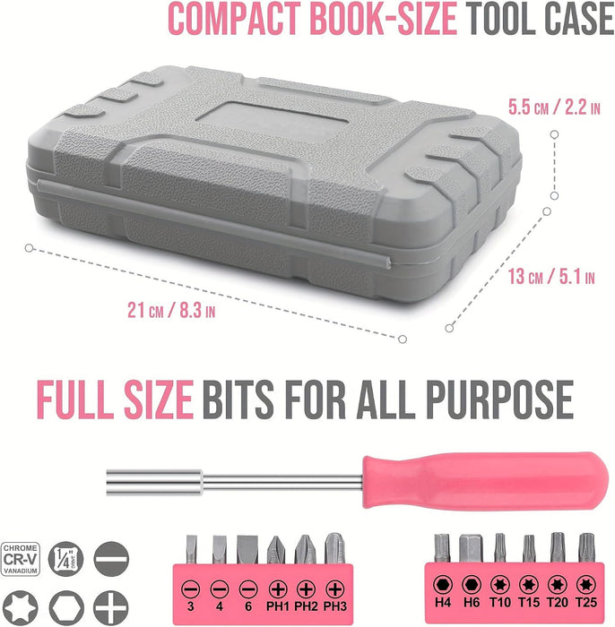 24Pcs Pink Home Repair Tool Kit for Women - Compact Mini Starter Hardware Set with Hammer, Pliers, Screwdrivers - Portab