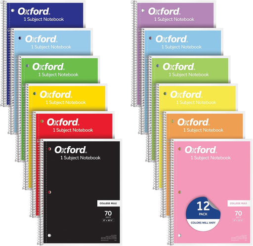 Spiral Notebooks, 12 Count Bulk Pack, 1 Subject, College Ruled Notebooks for School, 8 x 10.5 Inches, 70 Sheets, Assorte