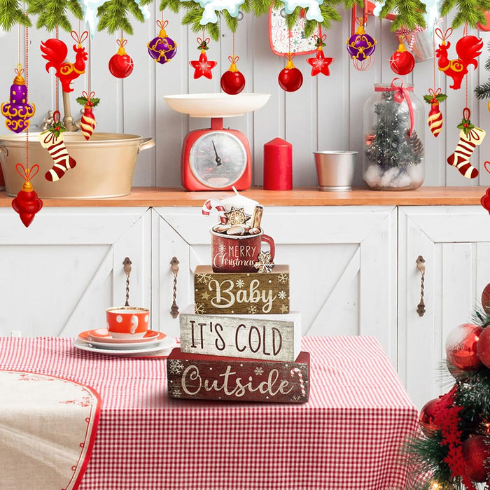 4 Pcs Christmas Table Decorations Indoor, Hot Cocoa Wood Block Sign