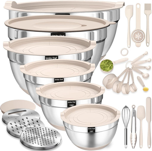 Mixing Bowls with Airtight Lids Set, 26PCS Stainless Steel Khaki Bowls with Grater Attachments, Non-Slip Bottoms & Kitch