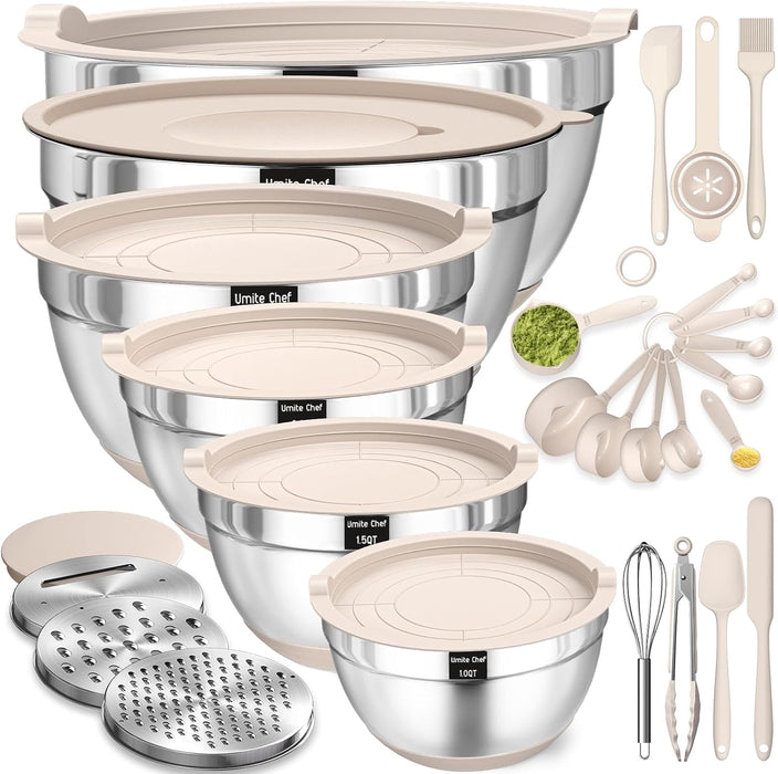 Mixing Bowls with Airtight Lids Set, 26PCS Stainless Steel Khaki Bowls with Grater Attachments, Non-Slip Bottoms & Kitch