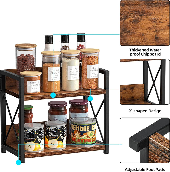 Countertop Shelf Organizer, 2 Tier Kitchen Spice Rack for Countertop, Wood Coffee Counter Shelf Organizer for Home (Brow