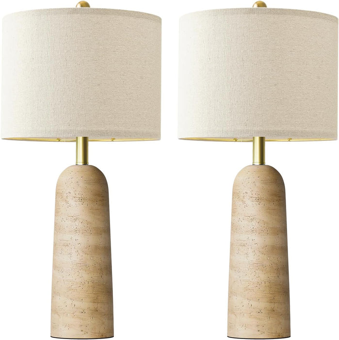 Modern Table Lamp Set of 2, Warm Beige Resin Lamp with Natural Stone Look, 27.25" Lamps for Living Room with Linen Shade