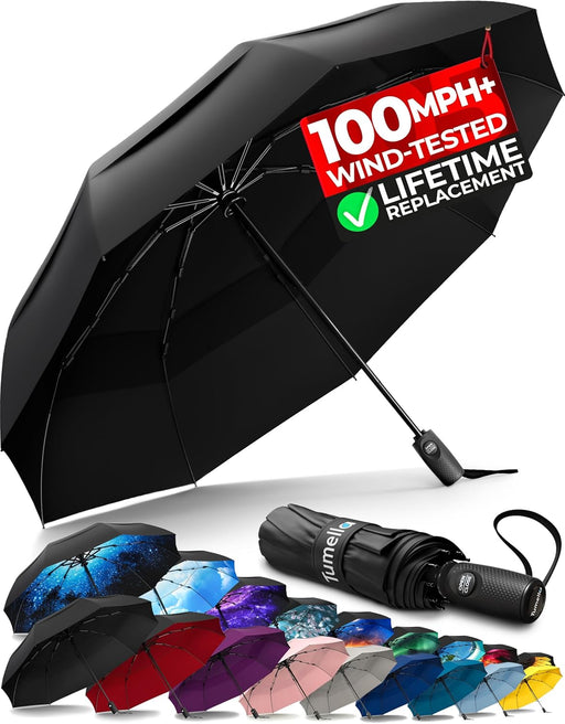 Strongest Windproof Travel Umbrella (Compact, 100MPH Wind-Tested), Light, Portable, One-Handed Use, Automatic Folding Ra