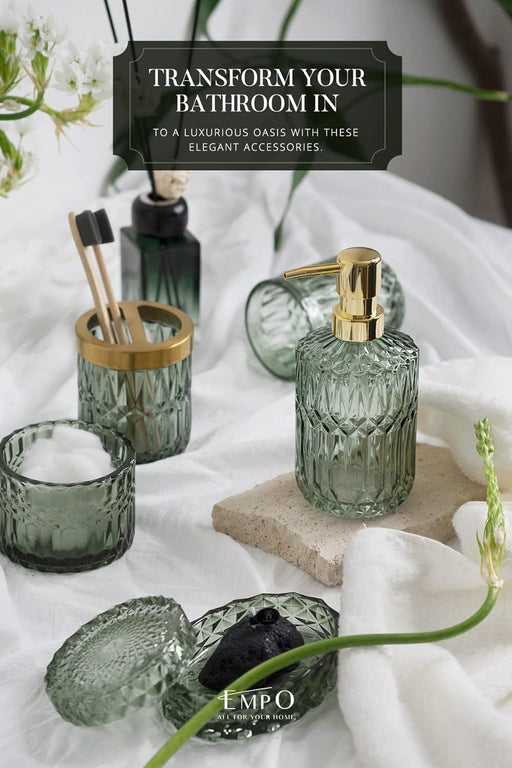 6PCS Bathroom Clear Glass Accessories Set (Lotion Soap Dispenser, Soap Dish, Toothbrush Holder, Tumbler, Cotton Swab Jar