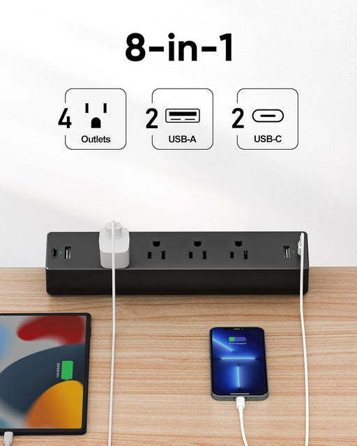 Desk Clamp Power Strip, 4 AC Outlets 4 USB Ports, Fit 1.7in Tabletop Edge