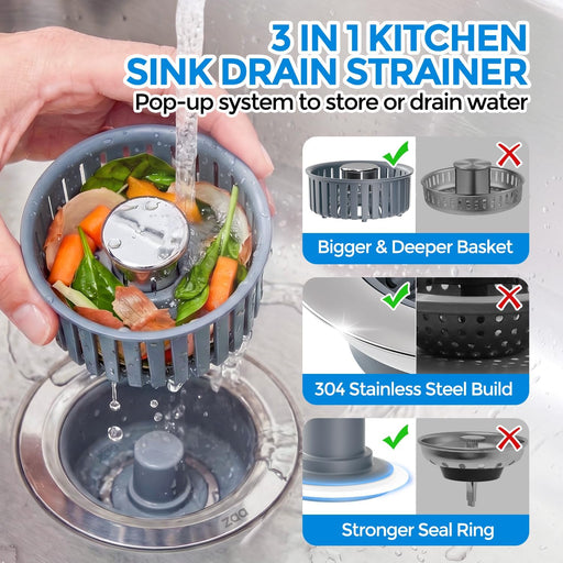 3 in 1 Kitchen Sink Drain Strainer Stopper Removable Basket Pop-Up
